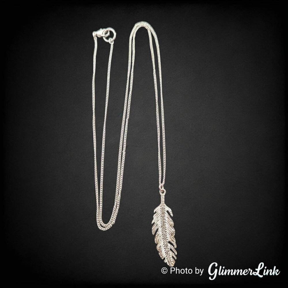 Large Delicate Rhinestone Feather Silver Tone Pendant Necklace